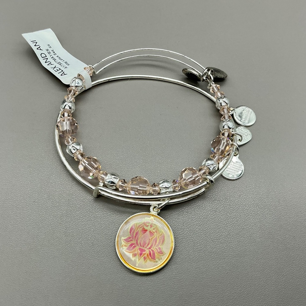 Alex Ani Bangle Bracelet Set Women Pink May Lotus Flower Beaded Silver Tone 2pc